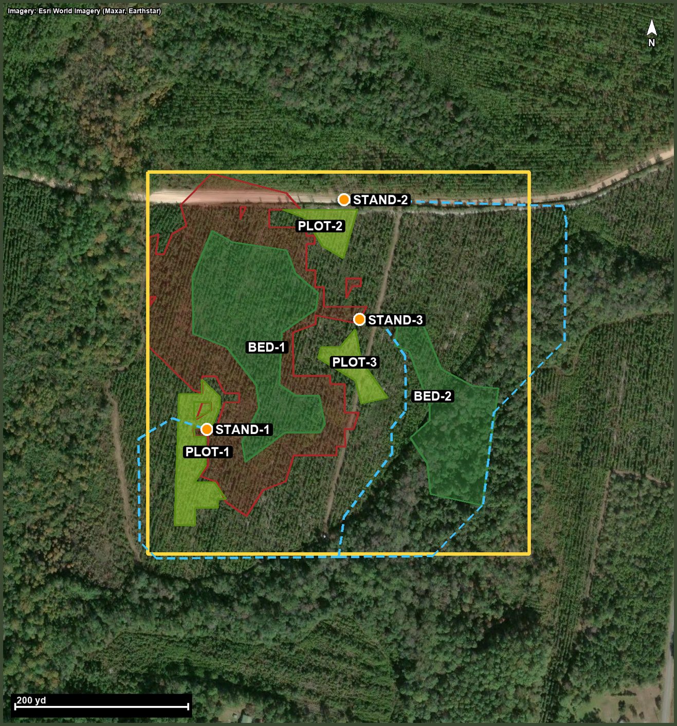 A generated habitat design drawn on satellite imagery